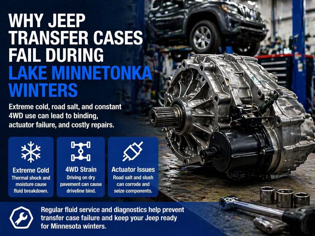 Jeep transfer case failure due to cold temperatures and 4WD strain in Lake Minnetonka winters.