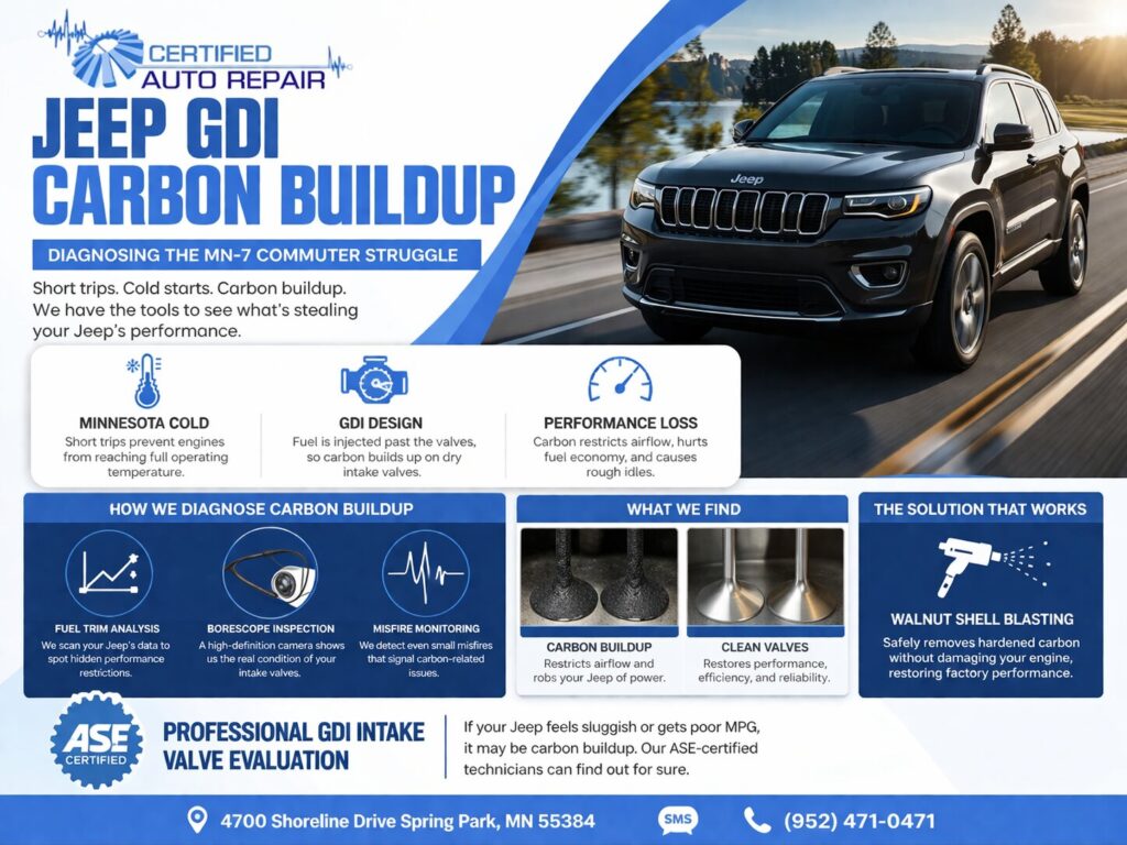 Infographic showing Jeep GDI carbon buildup diagnosis, symptoms, and solutions like walnut shell blasting, borescope inspections, and preventative strategies.