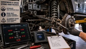 Jeep Wrangler suspension diagnostics for pothole damage and steering instability in Shorewood and Orono