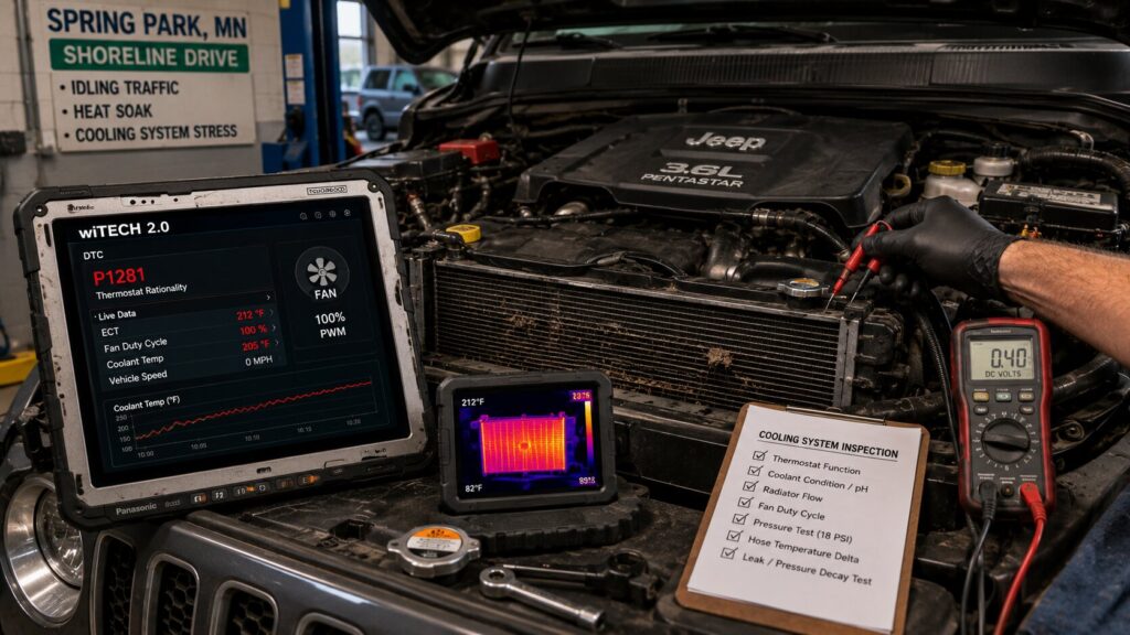 Jeep Pentastar cooling system diagnostics for overheating and radiator restriction in Spring Park MN