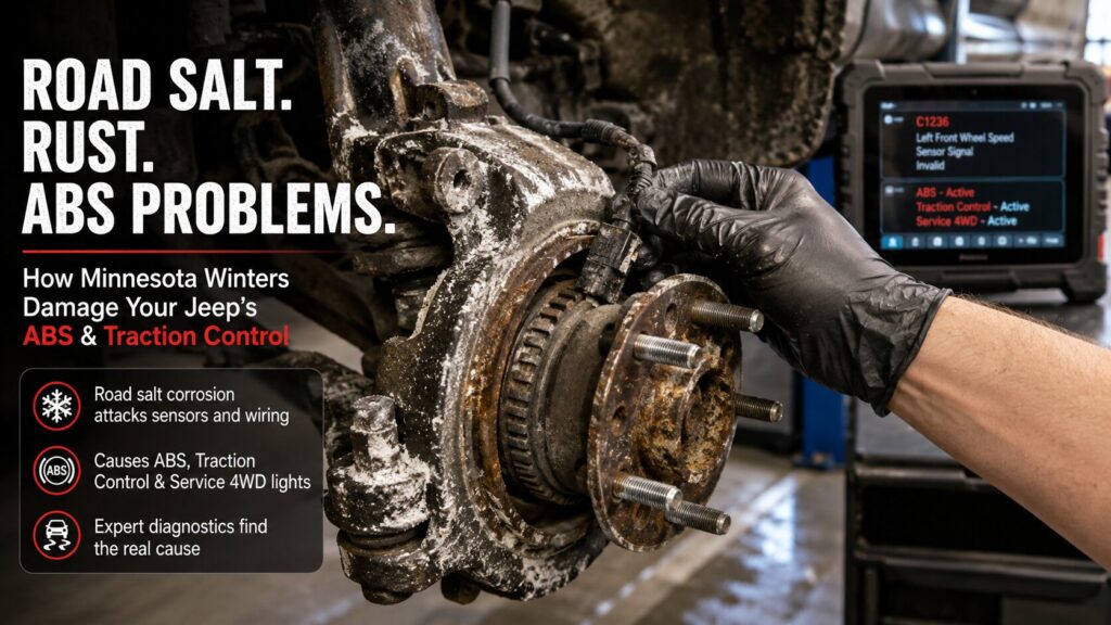 Jeep ABS and traction control problems caused by Minnesota road salt, with a focus on corrosion, rust jacking, and electrical faults.