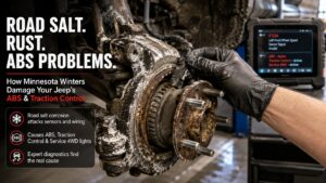 Jeep ABS and traction control problems caused by Minnesota road salt, with a focus on corrosion, rust jacking, and electrical faults.