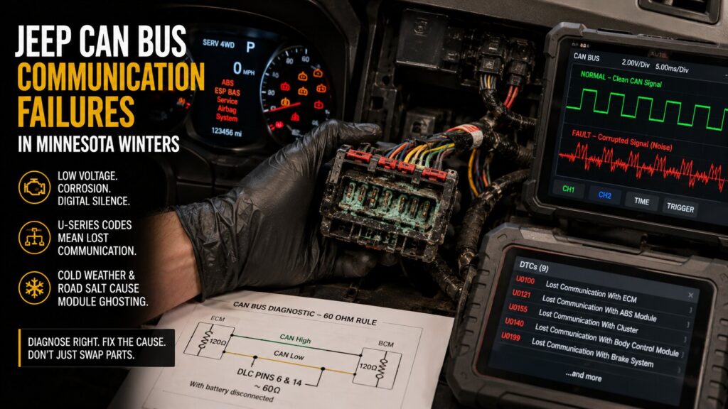 Infographic explaining Jeep CAN Bus communication failures caused by cold weather and road salt, with diagnostic steps for repair.