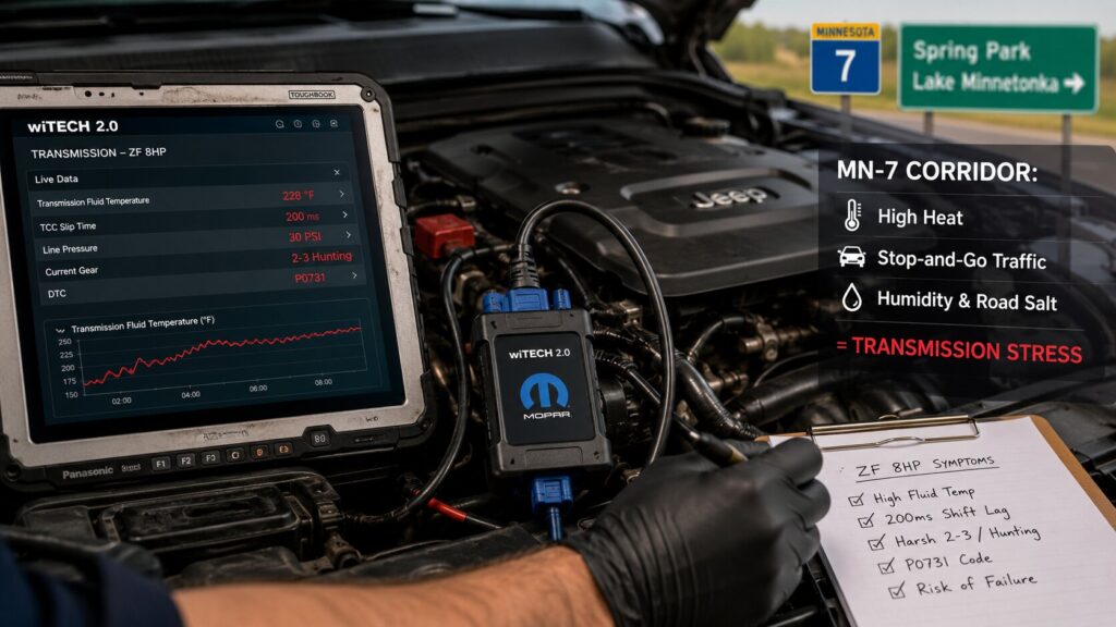 Jeep Wrangler suspension diagnostics for pothole damage and steering instability in Shorewood and Orono