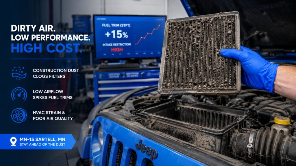 Dirty Jeep engine air filter clogged with construction dust during MN-15 commute in Sartell