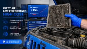 Dirty Jeep engine air filter clogged with construction dust during MN-15 commute in Sartell