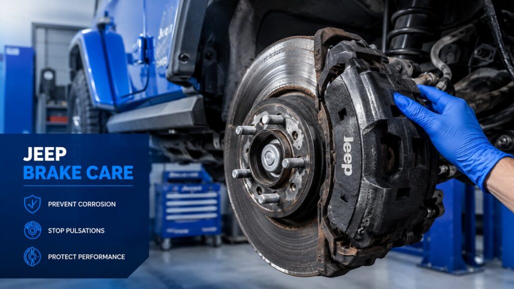 Corroded Jeep brake rotor and caliper inspection inside Lake Minnetonka repair shop