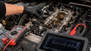 Technician diagnosing Chevy Silverado knock sensor failure symptoms by inspecting the knock sensor wiring harness beneath the intake manifold with professional diagnostic tools.