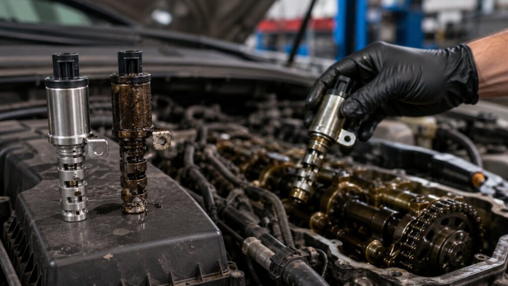 Ford 3.5L EcoBoost VCT solenoid being inspected during engine timing diagnostics to prevent timing chain failure.
