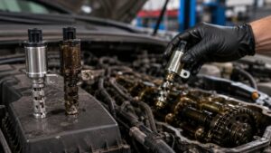 Ford 3.5L EcoBoost VCT solenoid being inspected during engine timing diagnostics to prevent timing chain failure.