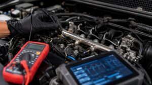 Technician diagnosing GMC fuel rail pressure sensor problems using a multimeter and scan tool during electrical testing in Spring Park, MN.