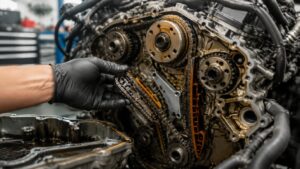 High-mileage Jeep engine timing chain inspection showing chain stretch and hydraulic tensioner risks