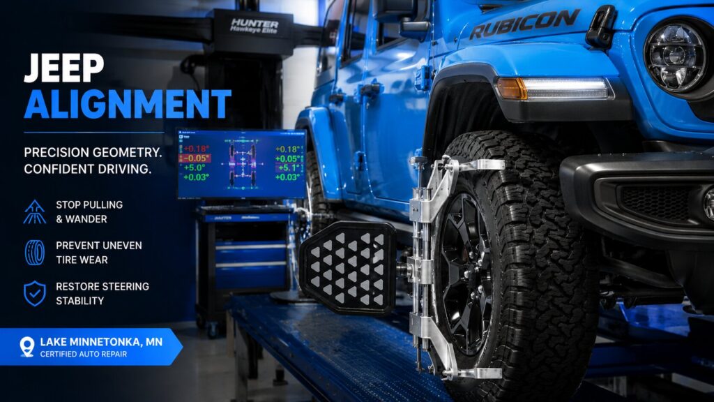 Blue Jeep Wrangler receiving wheel alignment service after Lake Minnetonka winter pothole damage