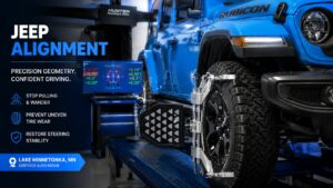 Blue Jeep Wrangler receiving wheel alignment service after Lake Minnetonka winter pothole damage
