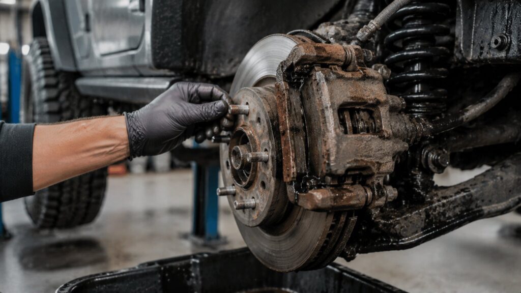 Jeep floating caliper being cleaned and lubricated to prevent rust jacking and pad bind