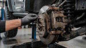 Jeep floating caliper being cleaned and lubricated to prevent rust jacking and pad bind