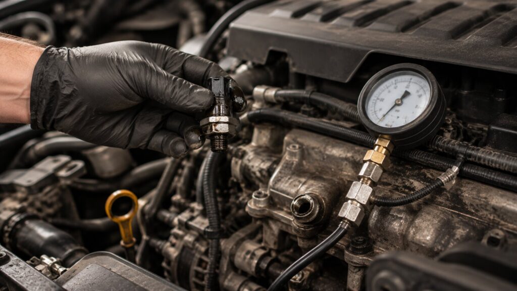 Technician performing a mechanical oil pressure test on a Jeep 3.6L Pentastar engine while inspecting a faulty oil pressure sensor.