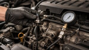 Technician performing a mechanical oil pressure test on a Jeep 3.6L Pentastar engine while inspecting a faulty oil pressure sensor.