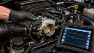 Technician diagnosing a Jeep throttle position sensor using a scan tool to identify TPS signal jitter and acceleration hesitation.