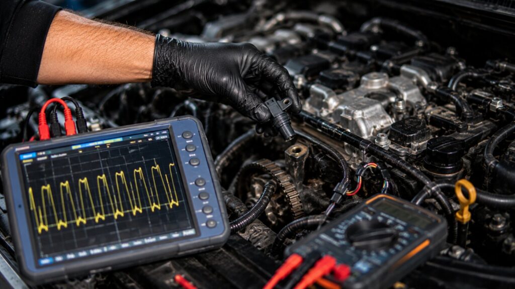 Technician diagnosing a Nissan crankshaft position sensor failure using an oscilloscope and digital multimeter during engine starting system diagnostics.