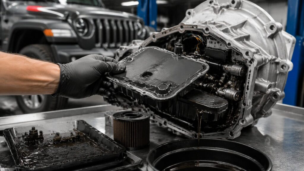 Jeep transmission overheating diagnostic with preventative fluid service on MN-7