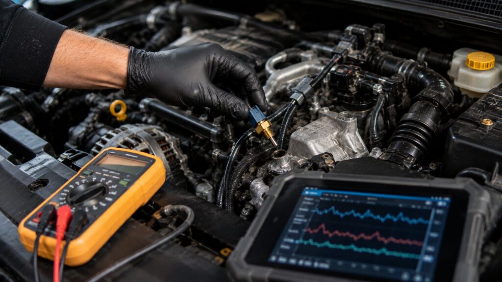 Technician diagnosing a Subaru coolant temperature sensor failure using a scan tool and multimeter during a cold-start engine inspection in Minnesota.