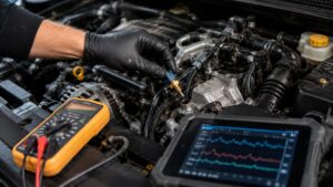 Technician diagnosing a Subaru coolant temperature sensor failure using a scan tool and multimeter during a cold-start engine inspection in Minnesota.
