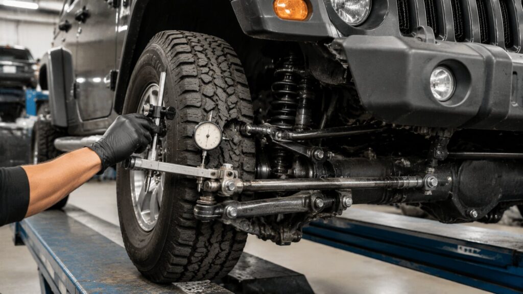 Jeep suspension and front-end alignment inspection showing caster angles and track bar measurement