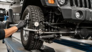 Jeep suspension and front-end alignment inspection showing caster angles and track bar measurement