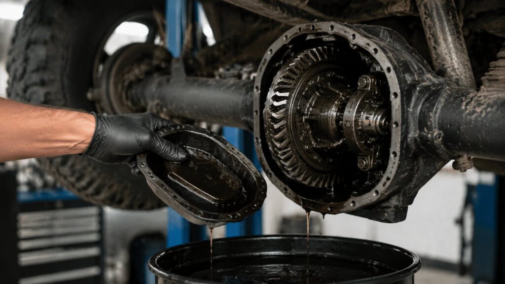 Jeep differential inspection showing water-contaminated 75W-140 synthetic fluid and axle gears
