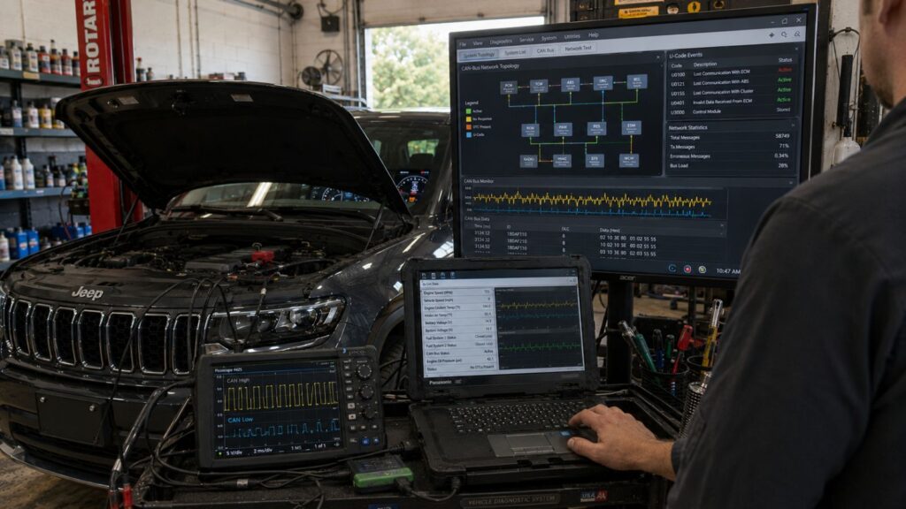 Technician performs AI CAN-Bus diagnostics on a Jeep Grand Cherokee using live waveform analysis and real-time network monitoring in Spring Park.