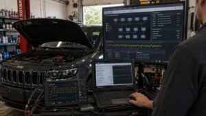 Technician performs AI CAN-Bus diagnostics on a Jeep Grand Cherokee using live waveform analysis and real-time network monitoring in Spring Park.
