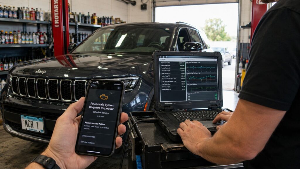 Technician reviews connected Jeep telematics while a smartphone displays a predictive powertrain alert on a Jeep Grand Cherokee in Spring Park.