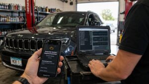 Technician reviews connected Jeep telematics while a smartphone displays a predictive powertrain alert on a Jeep Grand Cherokee in Spring Park.