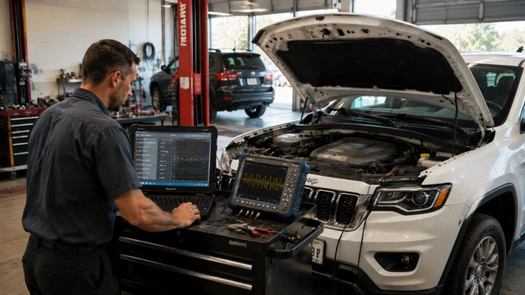 Technician performing data-driven Jeep diagnostics using live data monitoring and oscilloscope waveform analysis in a Spring Park repair shop.