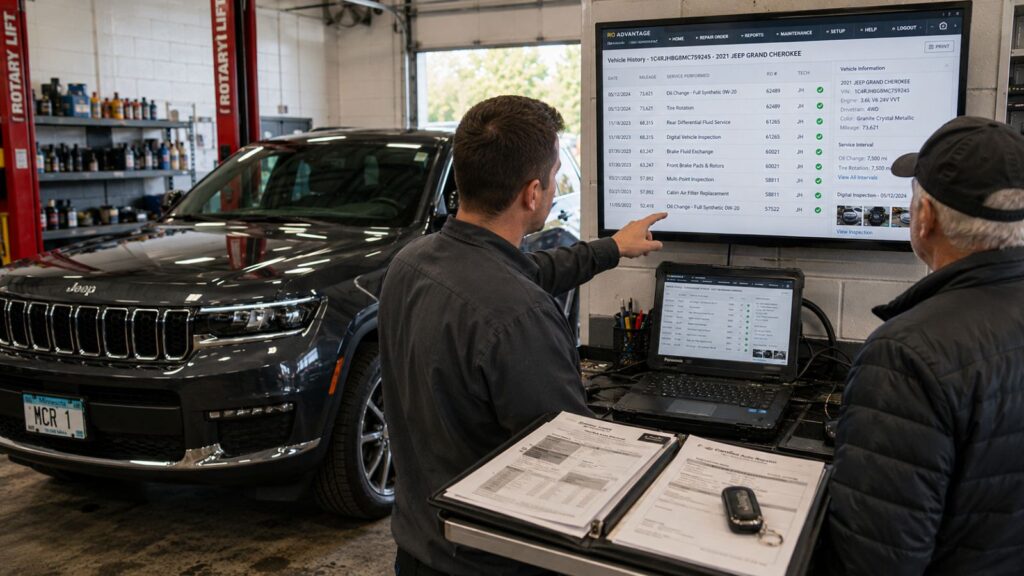 Technician reviewing Jeep Grand Cherokee digital service records and maintenance history with a customer to protect vehicle resale value.
