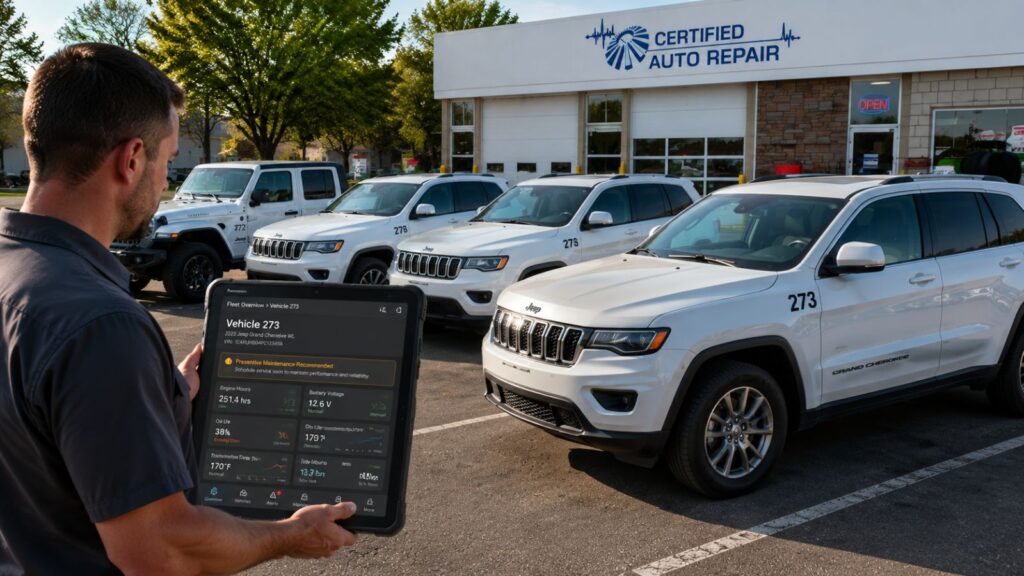 Technician reviewing Jeep fleet telematics data on a tablet with multiple Grand Cherokee fleet vehicles outside a Minnesota repair facility.