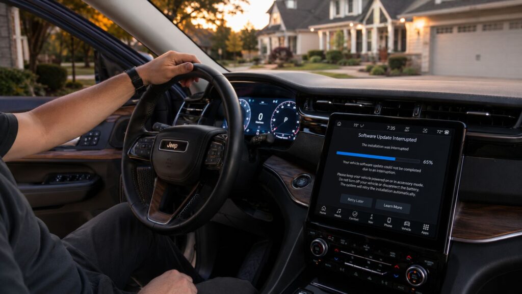 Jeep infotainment screen showing an interrupted software update during an Over-the-Air firmware installation failure.