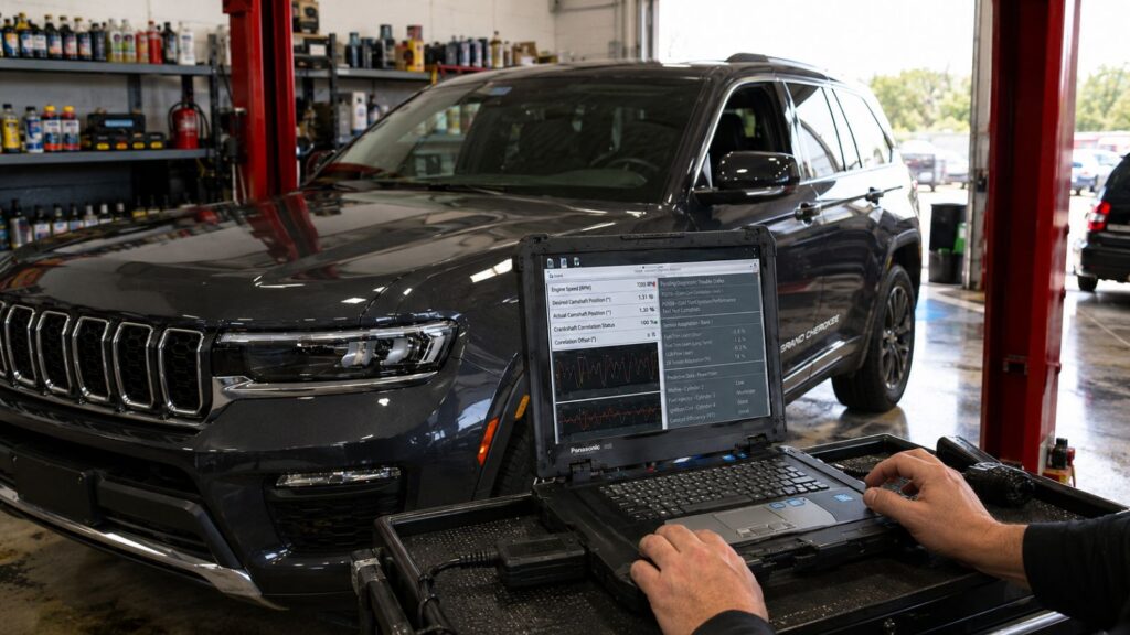 Technician using a diagnostic laptop to review Jeep Grand Cherokee WL predictive diagnostics and live powertrain telemetry in a Spring Park repair shop.