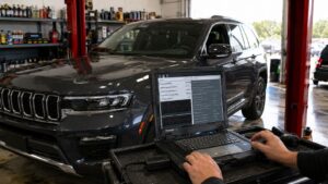 Technician using a diagnostic laptop to review Jeep Grand Cherokee WL predictive diagnostics and live powertrain telemetry in a Spring Park repair shop.