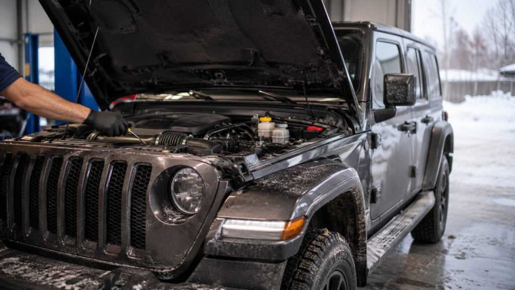 Jeep repair and maintenance inspection at an auto repair shop in Spring Park, MN during winter.
