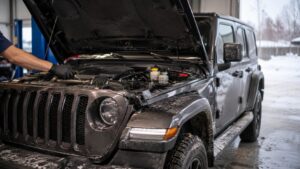 Jeep repair and maintenance inspection at an auto repair shop in Spring Park, MN during winter.