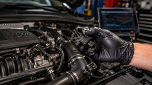 Technician inspecting a Volkswagen boost pressure sensor beside a turbocharged 2.0T TSI engine during professional MAP sensor diagnostics.