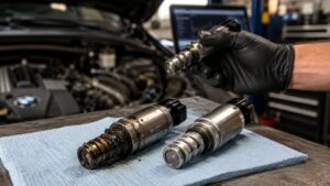 Oil-sludged and clean BMW VANOS solenoids displayed beside a BMW engine during N52 and N55 variable camshaft timing diagnostics.