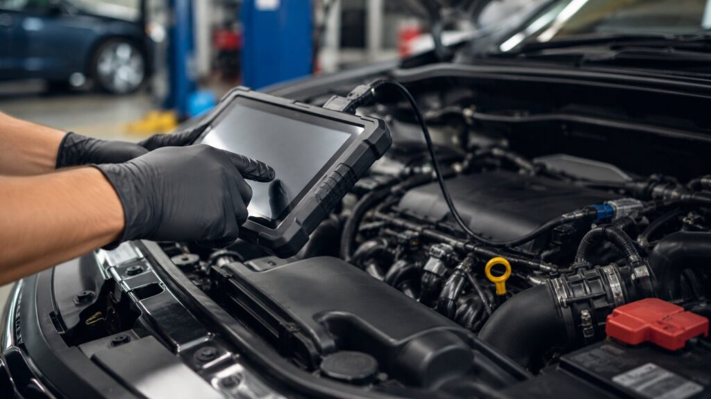 Technician using a diagnostic scan tool to diagnose check engine light sensor problems in Spring Park, MN