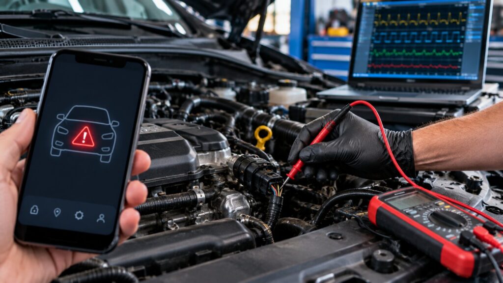 Connected vehicle diagnostic alert verified with hands-on oscilloscope and multimeter testing in Spring Park, MN