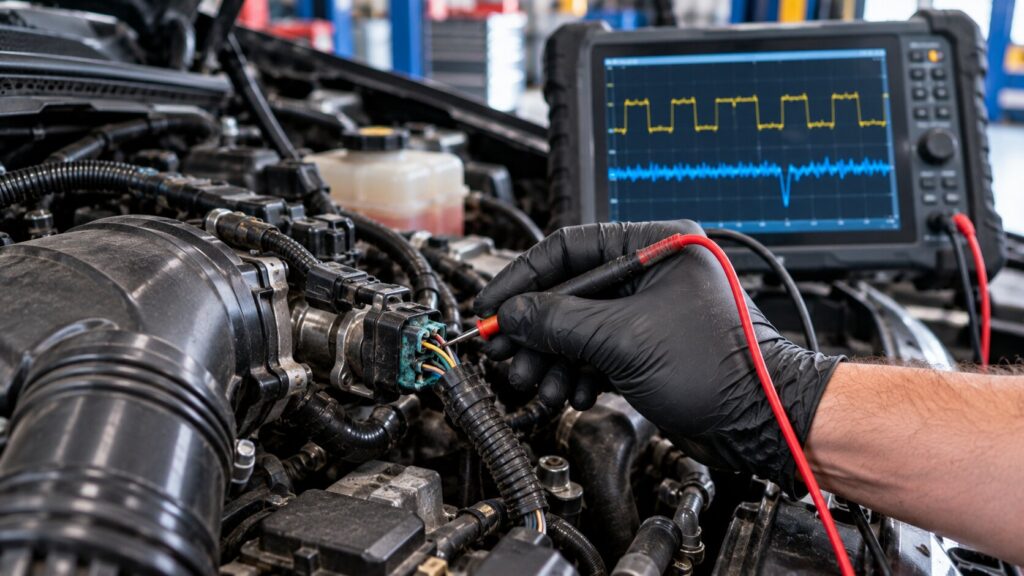 Engine sensor diagnostics using PicoScope waveform testing on a corroded wiring connector in Spring Park, MN