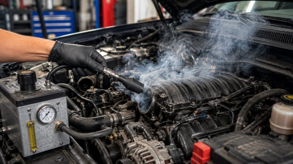 Technician performing an intake smoke test to diagnose P0171 and P0174 lean codes in Spring Park, MN