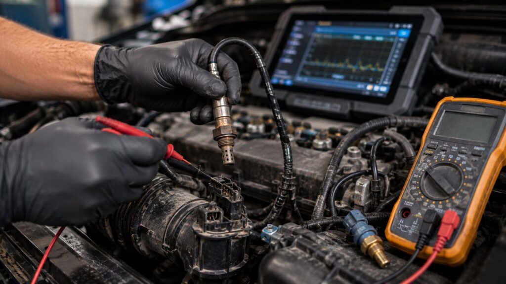 Technician testing an oxygen sensor and wiring on a high-mileage car in Spring Park, MN