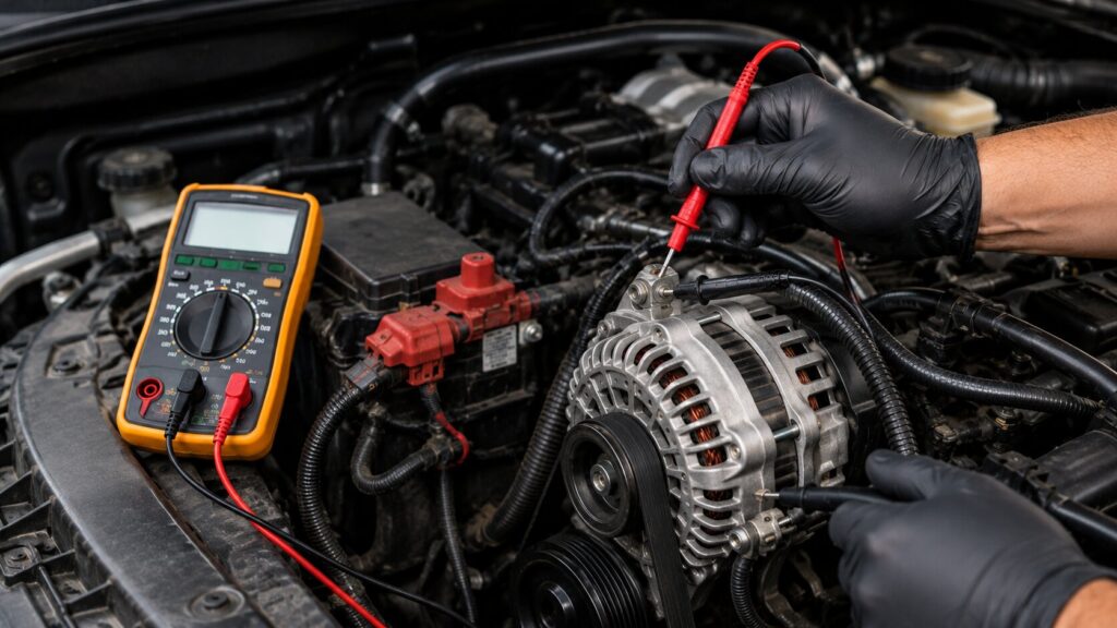 Technician testing alternator AC ripple causing false dashboard warning lights in Spring Park, MN